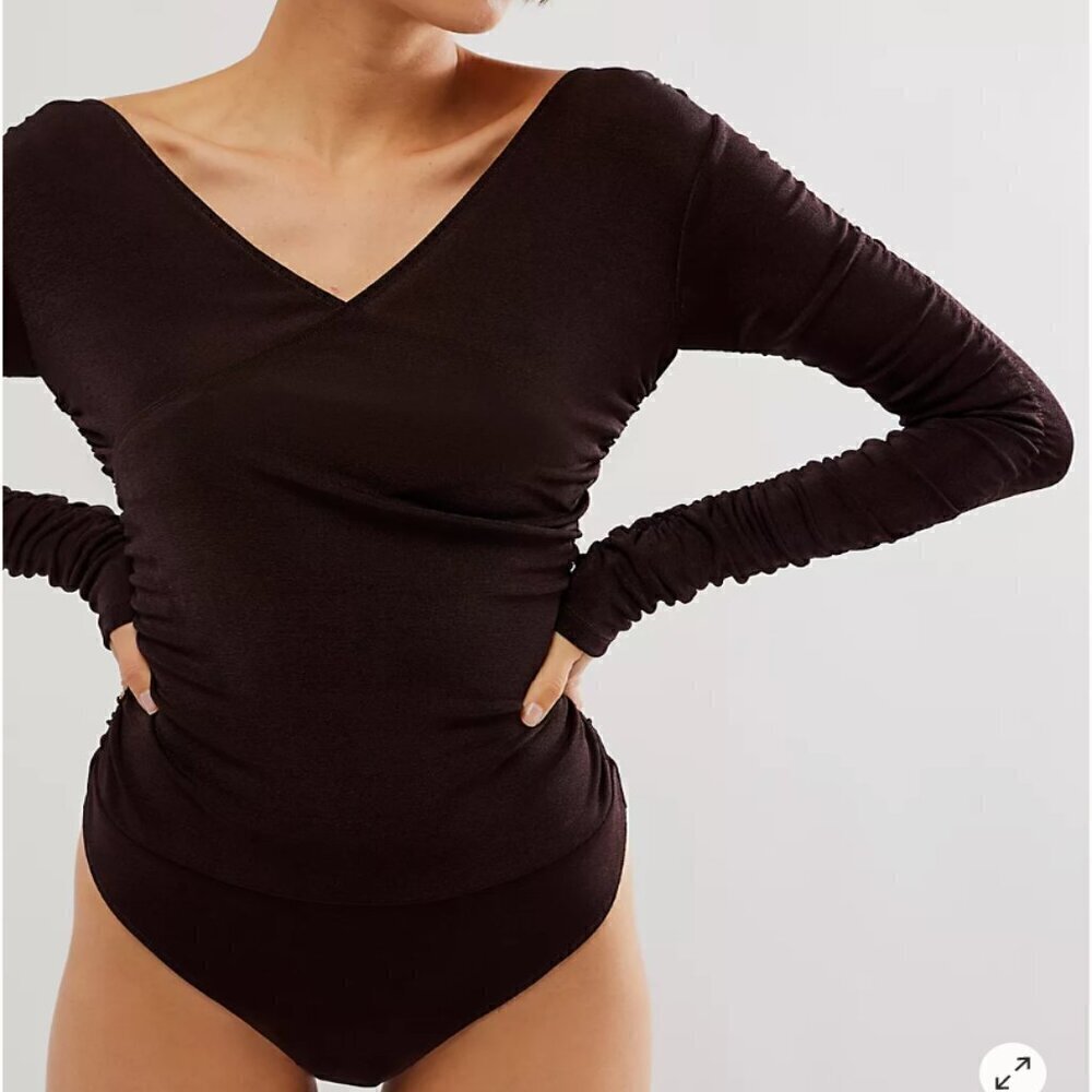 NWT Intimately Free People Reya Bodysuit Ruched Brown V-Neck Long Sleeve Sz S
